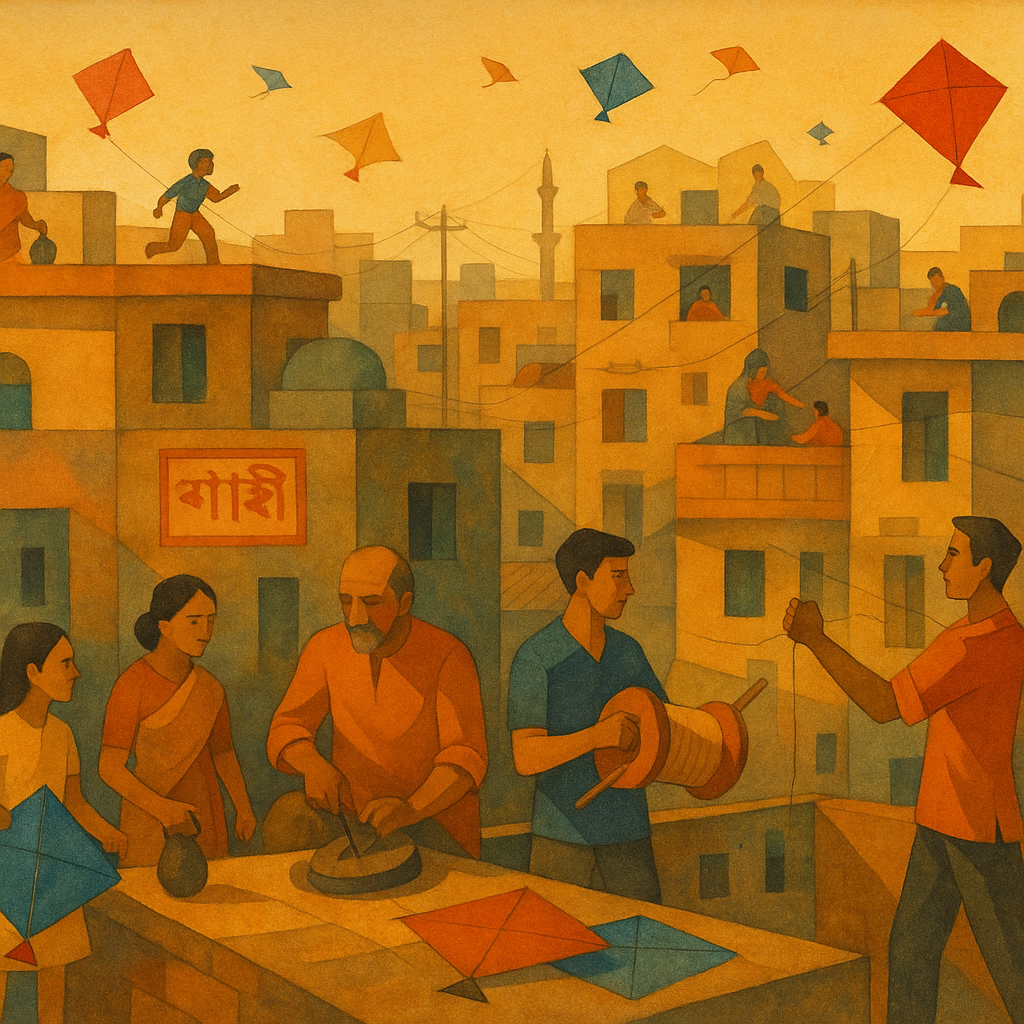 Kites on the Rooftops at Dusk.